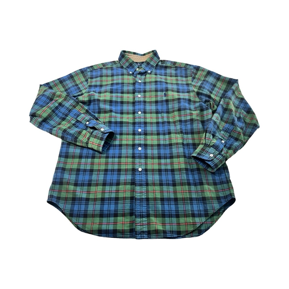 Ralph Lauren Mens Large Plaid Button Down Shirt Blue Green Long Sleeve Pony Logo